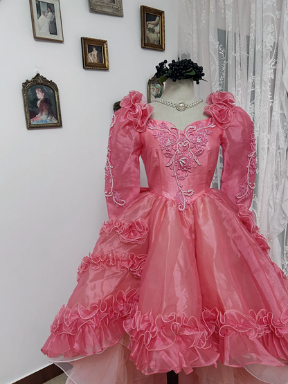 Pink square-neck fitted waist ball gown with a full skirt, bridal dress R7247
