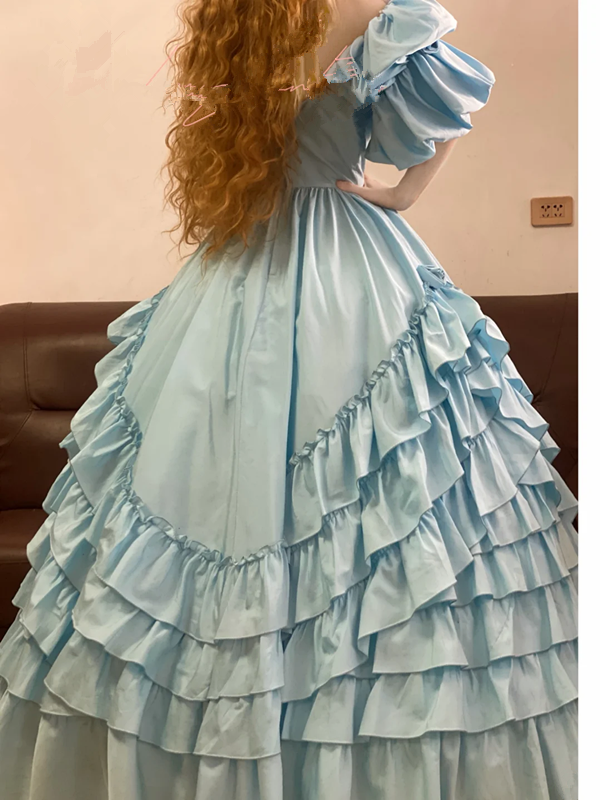 Light Blue Waist-Cinched Puffball Tiered Skirt Ball Gown, Bridal Gown R7346