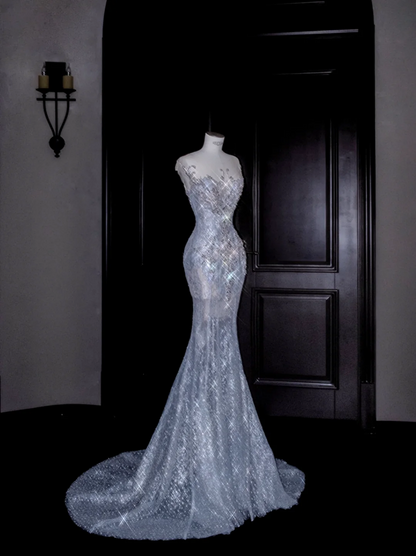 Light blue sequined slim waist fishtail maxi skirt, prom dress R5624