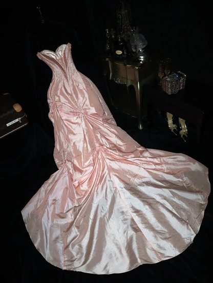 Pink strapless fitted waist princess long ball gown R7014