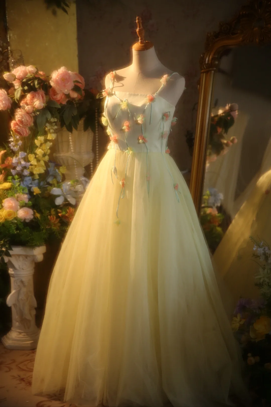 Light yellow halter-neck fitted floral fairy long dress, ball gown, bridal gown R7267