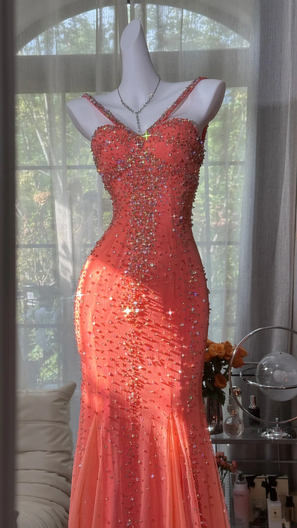 Orange-red halter-neck rhinestone-embellished fitted bodycon long ball gown R7610