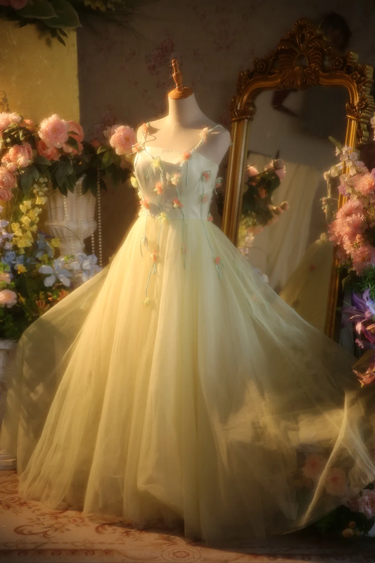 Light yellow halter-neck fitted floral fairy long dress, ball gown, bridal gown R7267