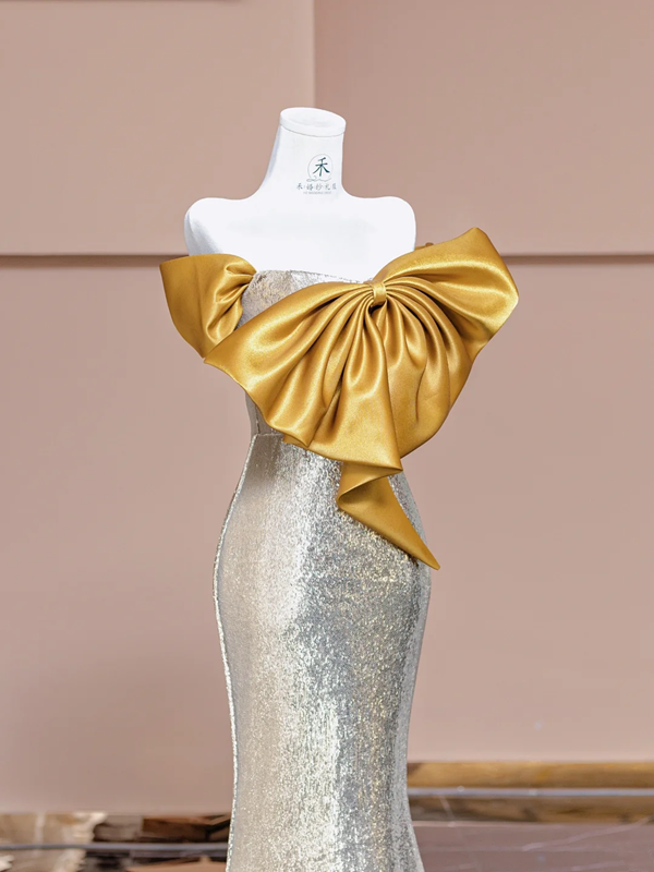 Gold bow neckline, silver sequined, fitted waist, bodycon long ball gown R8376