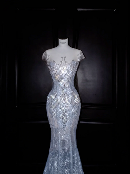 Light blue sequined slim waist fishtail maxi skirt, prom dress R5624