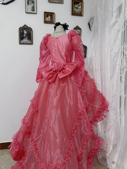 Pink square-neck fitted waist ball gown with a full skirt, bridal dress R7247