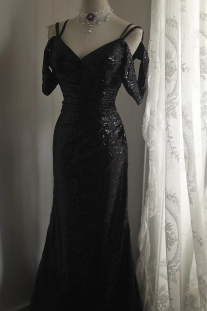 Black sequined off-the-shoulder halter-neck fitted long ball gown R6814