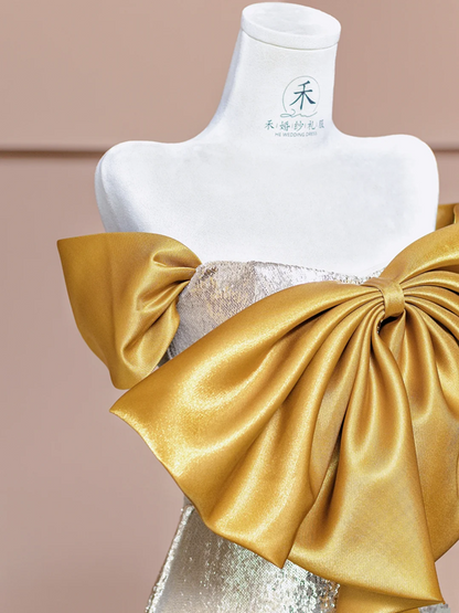 Gold bow neckline, silver sequined, fitted waist, bodycon long ball gown R8376