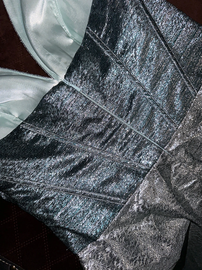 Silver strapless fitted long ball gown R7054