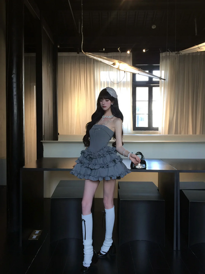 Gray tube top waist cake lace short skirt homecoming dress R5083