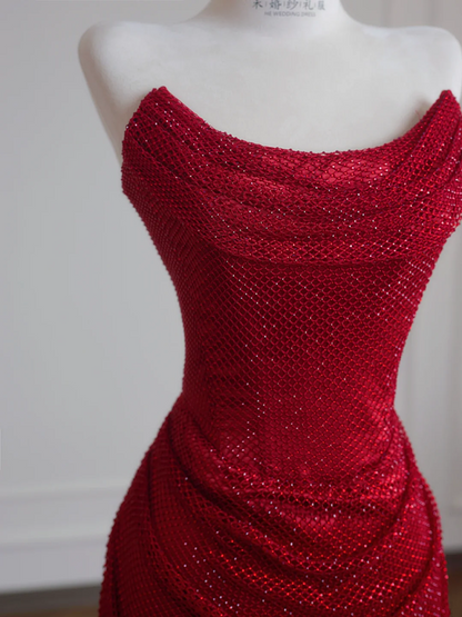 Deep red strapless fitted waist bodycon long sexy ball gown/bridal dress R8235