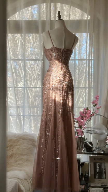 Champagne pink halter-neck fitted bodycon sexy long ball gown R7690