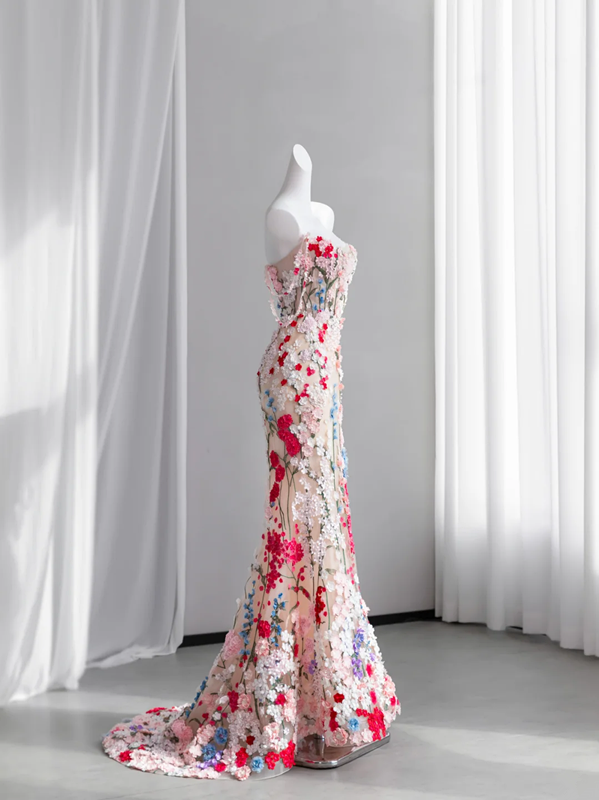 Light pink halter-neck floral floral fitted bodycon fishtail long ball gown, bridal dress R8430