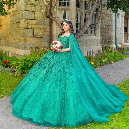 Green Sparkly Quinceanera Dresses With Cape Tassels Sweet 16 Dresses Ball Gown 3D Flowers Tulle Birthday Gowns
