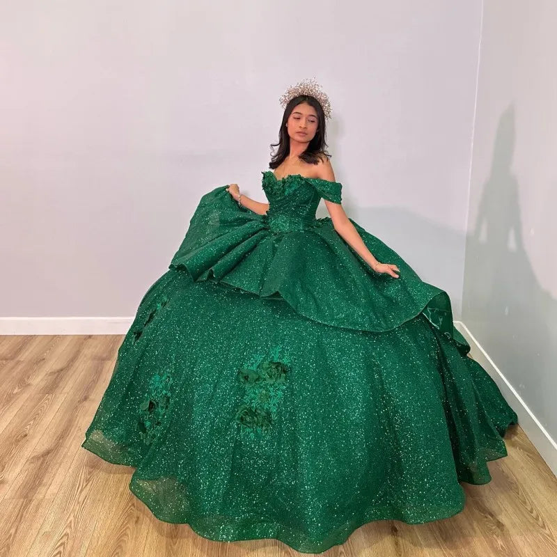 Emerald Green Shiny Handmade 3D Flowers Beading Quinceanera Dresses Ball Gown Off The Shoulder Sweet 16 Dress