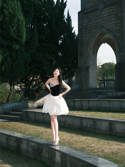 Black top asymmetrical tube top design white bud skirt short skirt homecoming dress R4192