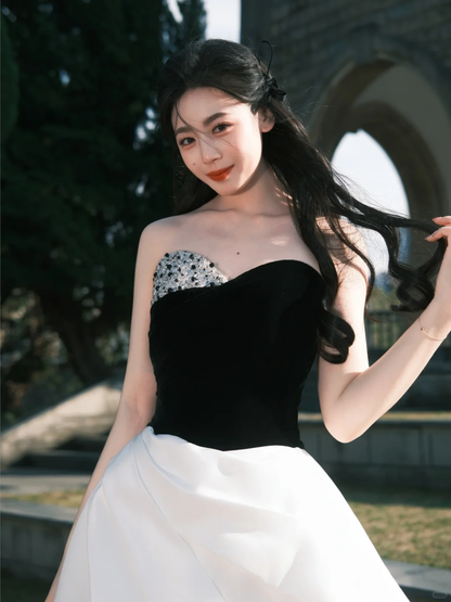 Black top asymmetrical tube top design white bud skirt short skirt homecoming dress R4192