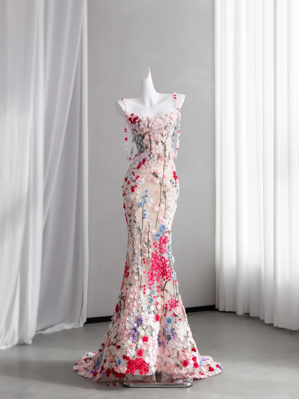 Light pink halter-neck floral floral fitted bodycon fishtail long ball gown, bridal dress R8430