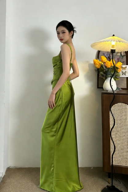 Classy Green Satin Mermaid Long Wedding Guest Dress Formal Birthday Prom Dress Party Dress D1844