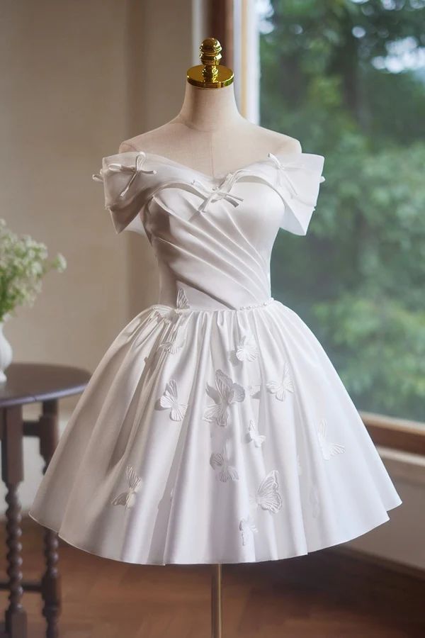 White one-shoulder gentle sexy waist slim A-line short skirt homecoming dress R3361