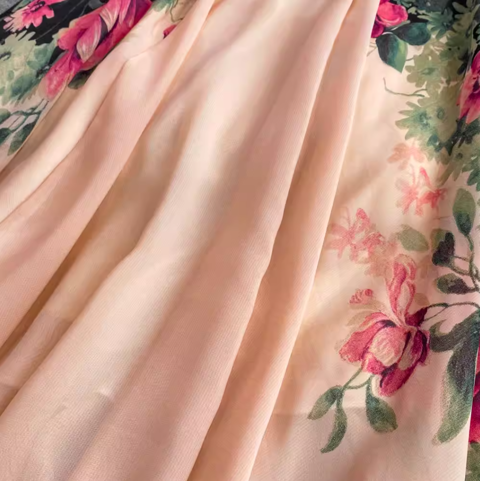 Fashionable and elegant long dress with V-neck, slim waist and positioning print A-line swing dress R0357