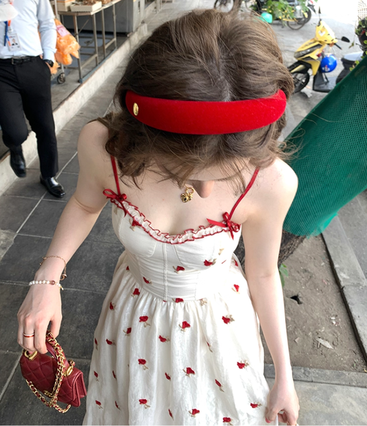 Red printed waist suspender dress summer slim a-line skirt French style petite skirt R4779
