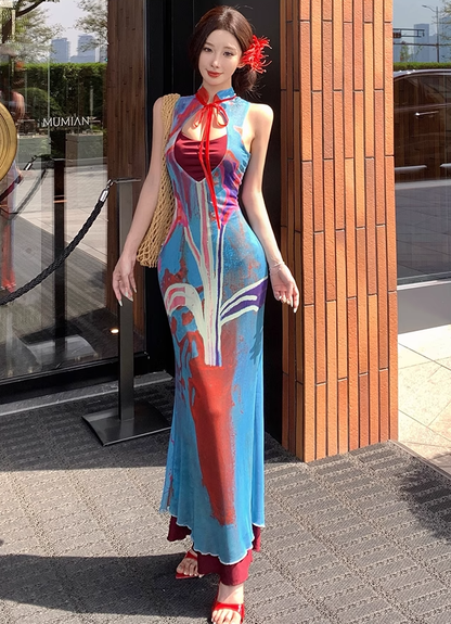 Retro contrast color hollow dress sexy temperament waist slim hip skirt R0658