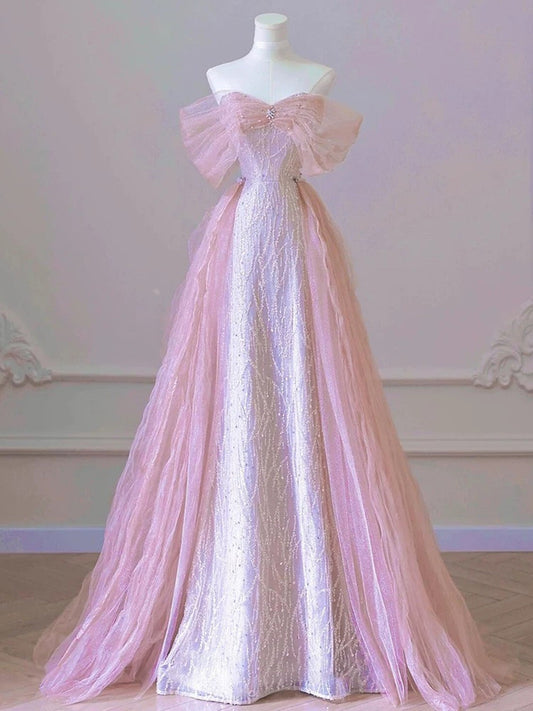 Pink Tulle and Sequins Off Shoulder Long Party Dress, Pink Beaded Chich Prom Dress