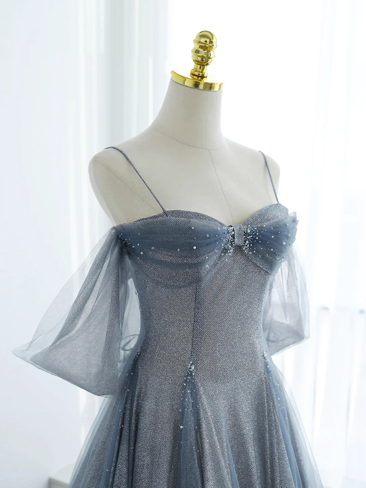 Glitter Blue Tulle A-Line Evening Dress, Blue Off Shoulder Prom Dress with Puff Sleeves