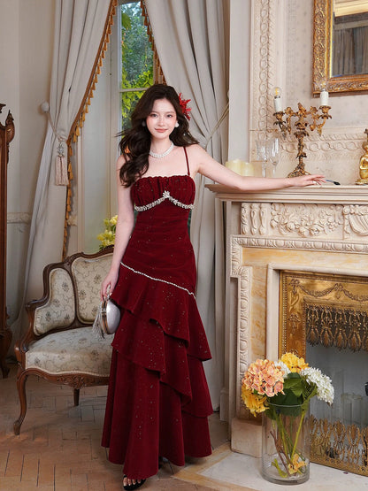 Wine Red Mermaid Velvet Layeres Beaded Party Dress, Wine Red Velvet Formal Dress