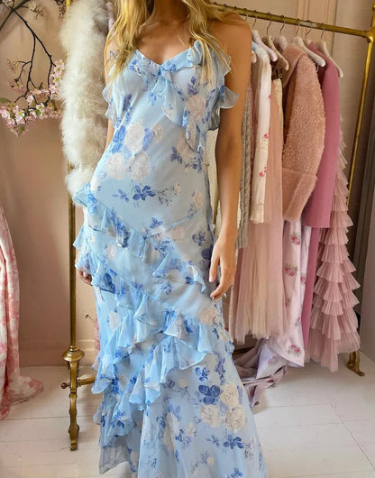 Charming Spaghetti Straps Chiffon Print Prom Dress Ruffles Mermaid Party Evening Gown cc1578