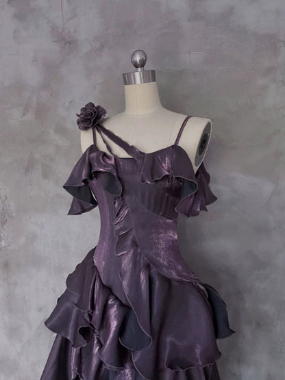 Lovely Purple High Low Straps Satin Long Prom Dress, Purple Satin Homecoming Dress
