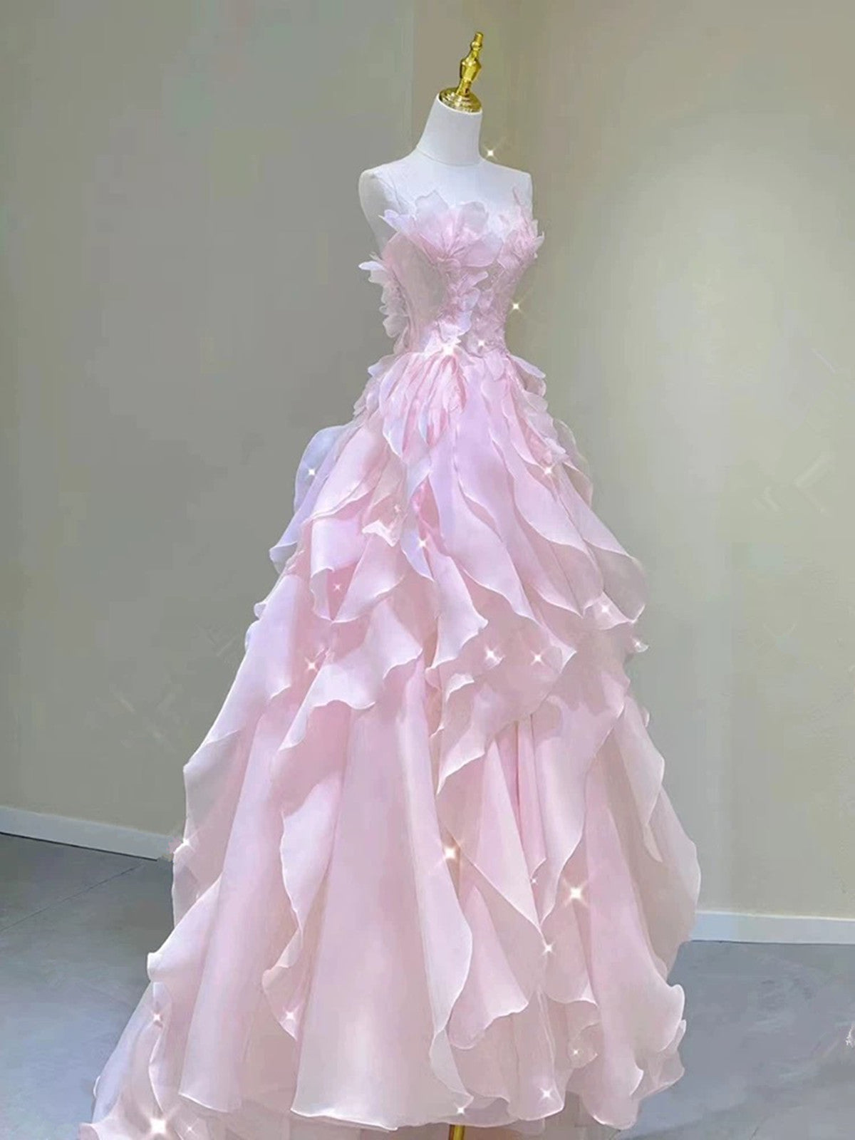 Pink A-line Layers Organza Long Prom Dress Party Dress, Pink Round Evening Dress