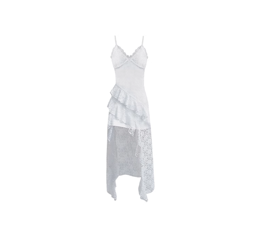 Pure hot girl style irregular hem slit dress romantic atmosphere slim lace suspender skirt R0105