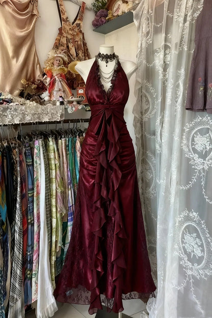 Classical Lace Halter Vintage Style Prom Dress, Lace Floor Length Formal Gown