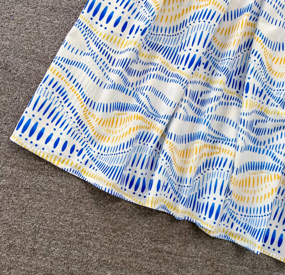 Light luxury temperament oblique collar off-shoulder waist A-line print large swing dress elegant long skirt R0393