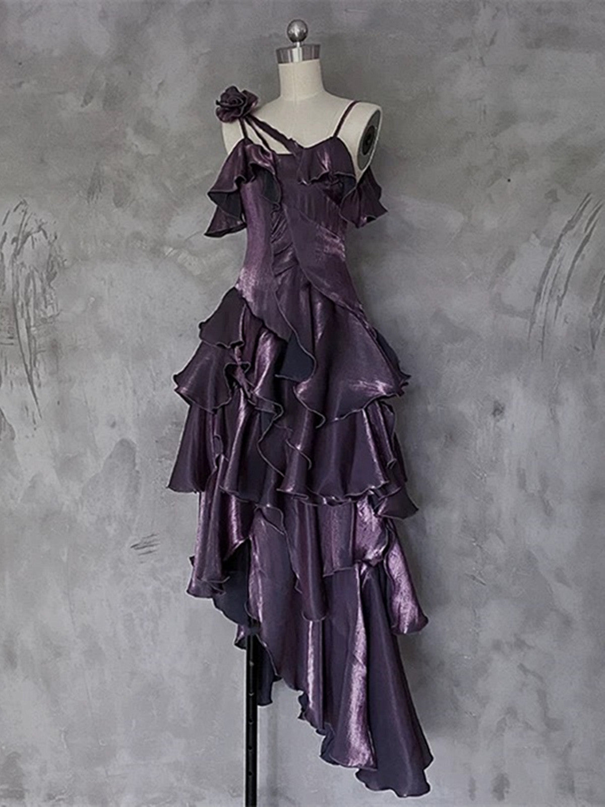 Lovely Purple High Low Straps Satin Long Prom Dress, Purple Satin Homecoming Dress
