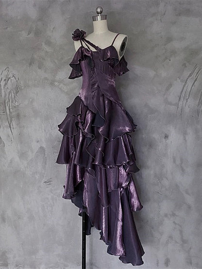 Lovely Purple High Low Straps Satin Long Prom Dress, Purple Satin Homecoming Dress