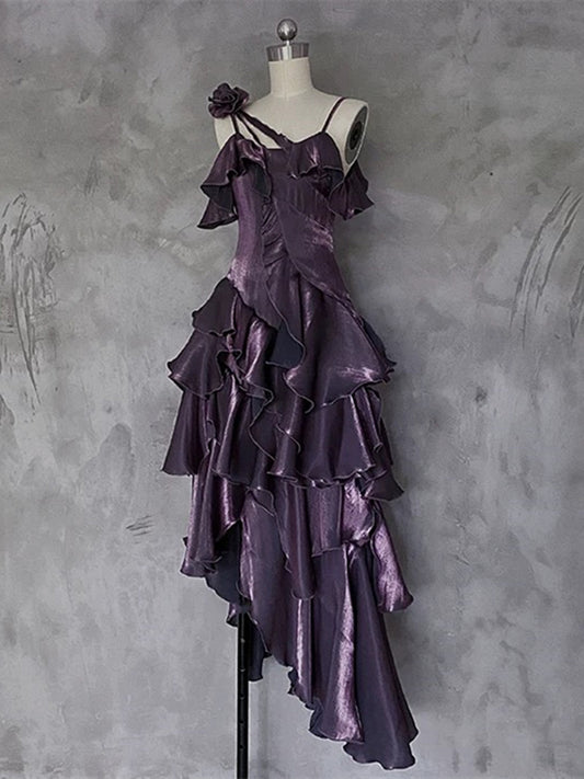 Lovely Purple High Low Straps Satin Long Prom Dress, Purple Satin Homecoming Dress