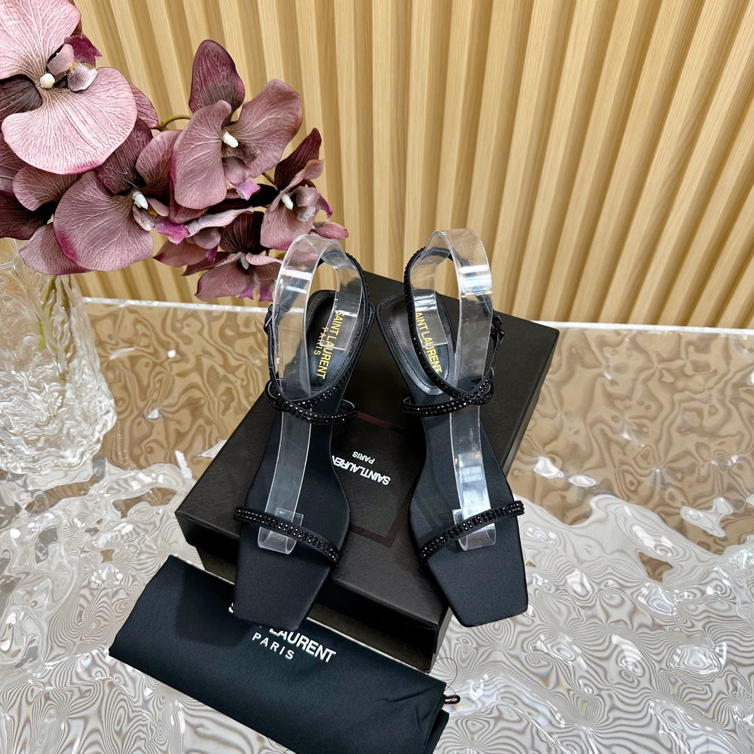 NUIT SANDALS 85 IN BLACK CREPE SATIN AND BLACK RHINESTONES