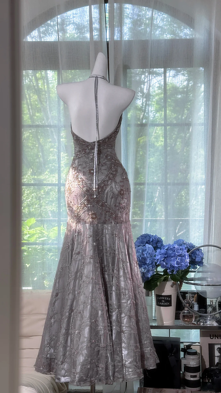 Grey halter-neck rhinestone-embellished fitted bodycon long ball gown R7611