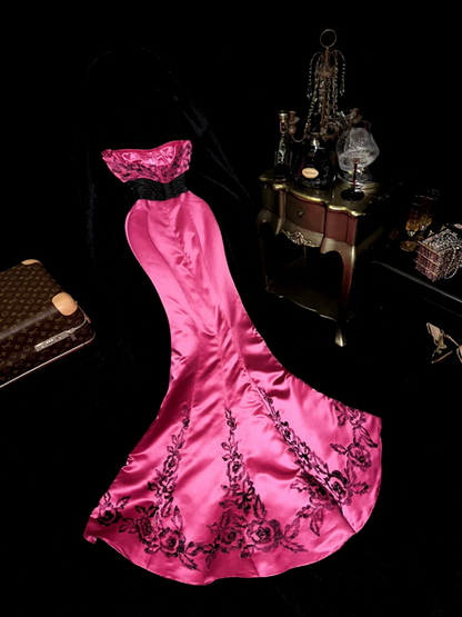 Rose pink strapless fitted waist bodycon sexy long ball gown R6935