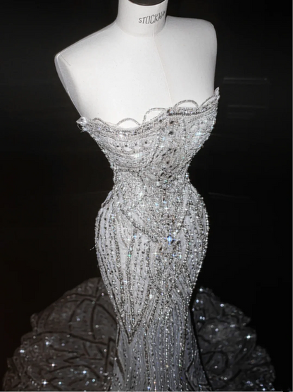 Silver sequined tube-top slim-waisted hip-hugging fishtail maxi skirt, prom dress R5661