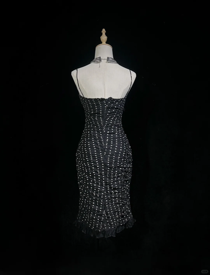 Black suspender polka dot pleated waist slim hip mid-length skirt homecoming dress R4923