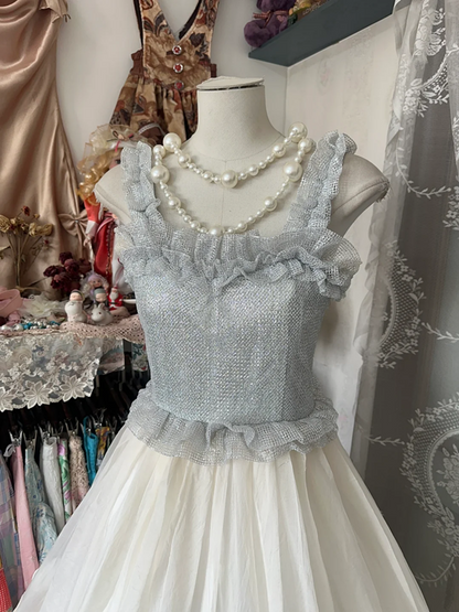 Light-colored sleeveless waist-length cake-cut puffy skirt long ball gown R6217