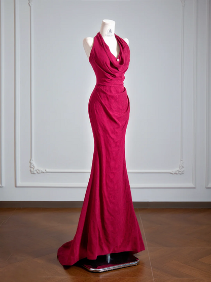 Rose pink halter neck fitted waist slimming sexy long ball gown R8149