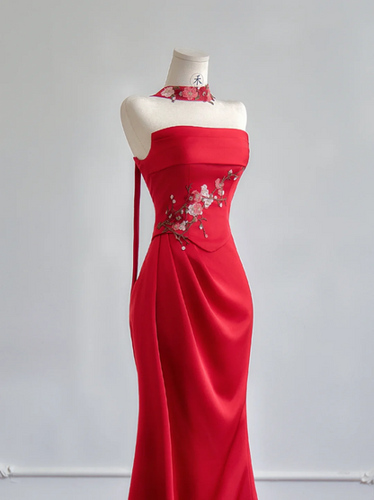Red strapless, fitted waist, elegant long ball gown R8170