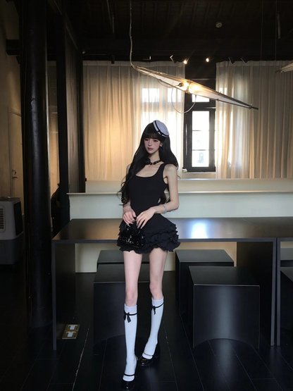 Black suspender waist slim top cake mini skirt suit homecoming dress R5084