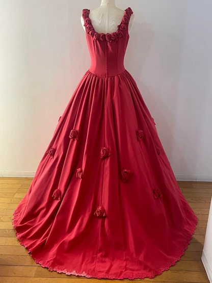 Red spaghetti-strap floor-length ball gown with a cinched waist and 3D rose details; bridal gown R7288