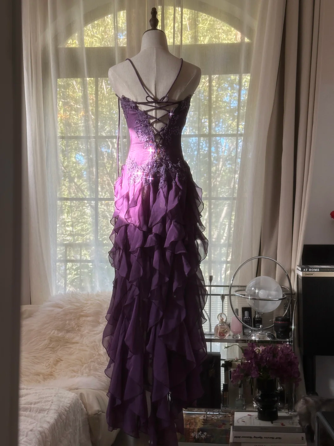 Purple Strapless A-Line Ruffles Long Prom Dress Vintage Evening Party Dress, D940